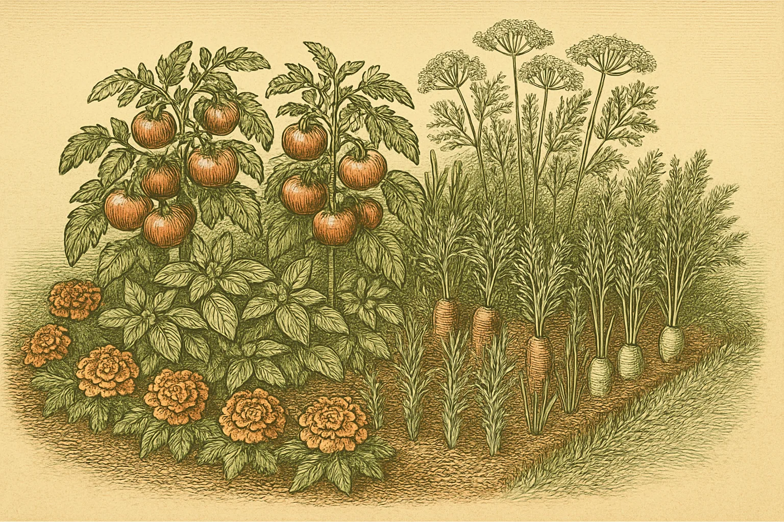 Illustrated companion planting garden bed with tomatoes, basil, marigolds, carrots, onions, and dill growing together, in vintage Farmer's Almanac style