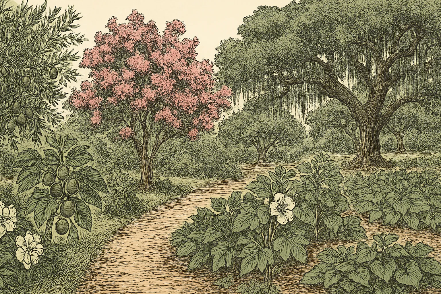 USDA Zone 8 illustrated Gulf Coast garden with olive tree, fig trees, crepe myrtle, azaleas, gardenias, and live oaks with Spanish moss